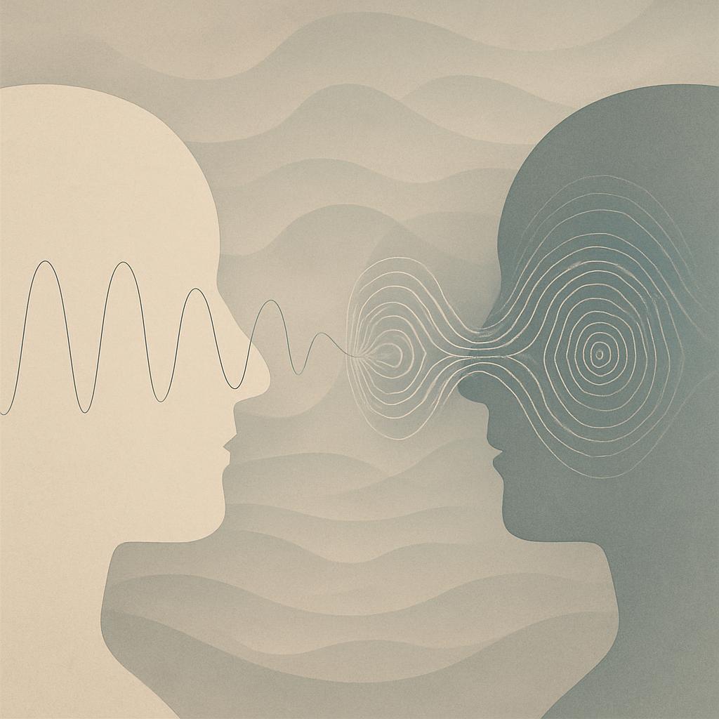 A human head viewed from the side with a line representing sound waves emanating from the left and an abstract eye pattern...
